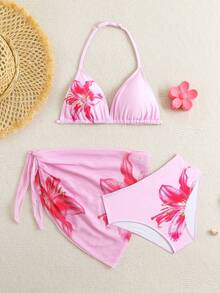 SHEIN 少女三件套比基尼，可爱粉色百合花针织三角上衣、三角泳裤、三角围巾，时尚休闲优雅女士风格，适合游泳、夏季度假、海滩、泳池、节日派对等场合。 - 粉色 - 查看 1
