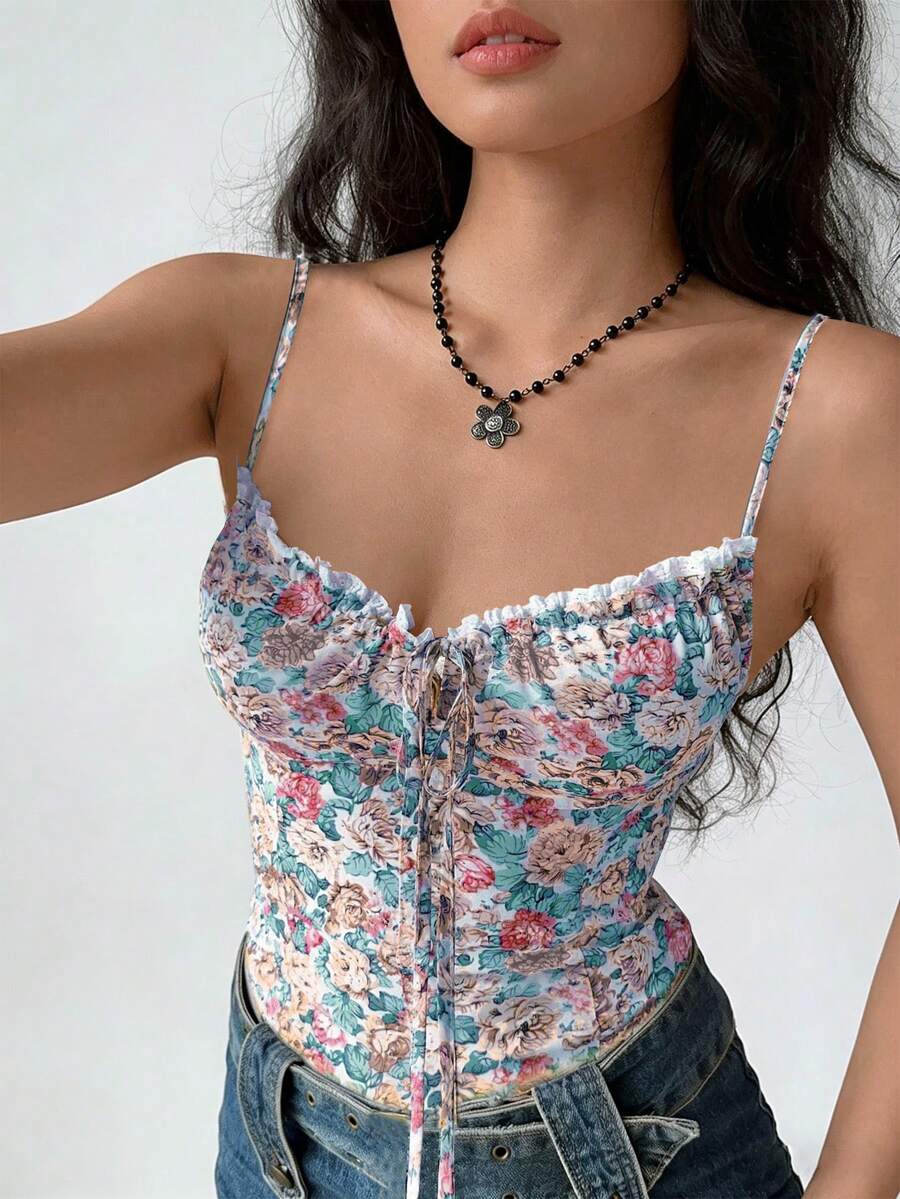 Cévolie Camiseta de tirantes con estampado floral elegante para mujer en verano - Multicolor - Ver 1