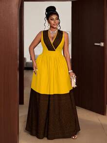 Maweii Vestido de fiesta elegante con cintura fruncida y parches para mujer de talla grande - Amarillo - Ver 5