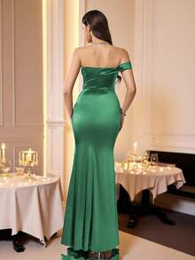 Coutiva Vestido de noche formal con pliegues y abertura lateral con lentejuelas para mujer - verde menta - Ver 2