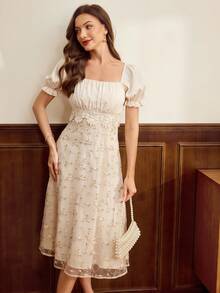 Vintamour Vintage Classic Elegant Floral Print Ruched Embroidered Patchwork Midi Dress, Apricot Color, Spring/Summer French Style Dress Cream Dress - Apricot - View 6