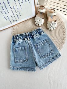 Girls' Casual Denim Shorts, Light Blue Elastic Waistband Jeans For Young Girls, Summer Versatile Cute Little Jean Shorts For Comfort - Light Wash - View 3