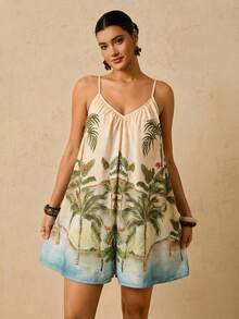 Travachic Plus Size Print Sleeveless Jumpsuit, Deep V-Neck Backless Tie Waist Colorful Retro Pattern Vacation Shorts For Women, New Arrival - Multicolor - View 5