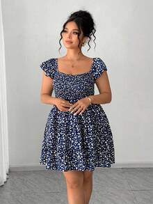 Elenzga Plus Size Women's Navy Blue Ditsy Floral Square Neck Ruffle Sleeve Cinched Waist A-Line Dress,Summer Boho Vacation Holiday Fashion Prom Wedding Dress - Multicolor - View 5