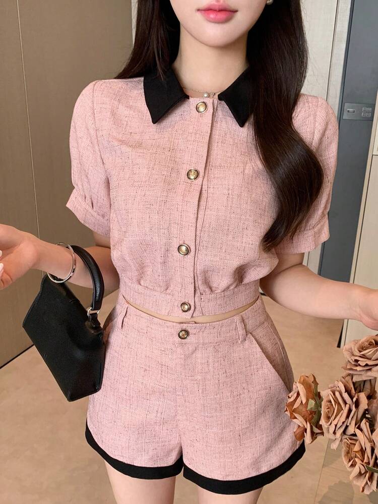 Spring & Summer Pink Contrast Plaid Splice Elegant Party Commute Short Top & Shorts 2 Pieces Set For Women