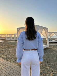 Solavon 女士格子前系带长袖宽松休闲衬衫 - 藍白色 - 查看 3