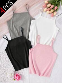 4pcs Girls Basic Solid Color Camisole Underwear Set - Multicolor - View 2