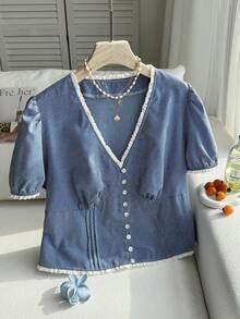 SHEIN EZwear 大码女式蕾丝边休闲短袖衬衫 - 彩色 - 查看 5