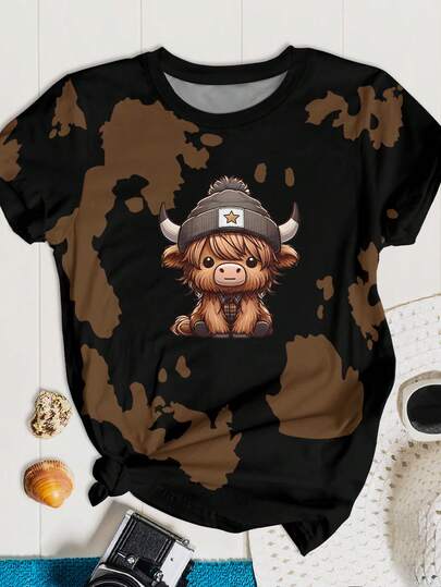 EMERY ROSE 大码女式苏格兰高地奶牛印花T恤，棕白动物图案T恤，宽松日常衬衫，休闲时尚穿搭，夏季