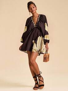 Travachic Đầm ngắn tay dài cổ chữ V in họa tiết du lịch dành cho nữ - Nhiều màu - Xem 4