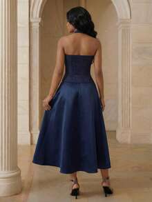 Anewsta Women's Criss-Cross Halter Striped Elegant Blouse - Navy Blue - View 2