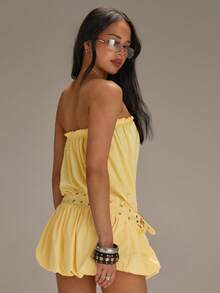 Athîral 女士休闲无袖无肩带黄色泡泡连衣裙，春夏款 - 淡黃色 - 查看 2
