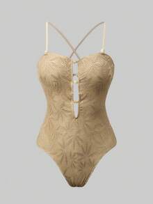 Swim Oasis Women's Leaf Print One-Piece Swimsuit And Skirt Set, Suitable For Beach Vacation, Pool Party, Beach Party, Spring/Summer - Khaki - View 4