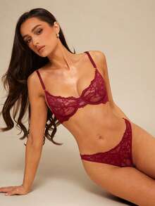 Silquee Floral Lace Underwire Lingerie Set - Burgundy - View 9