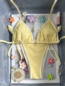 Swim Mod-D Women's Spring/Summer Jacquard Fabric Halter Shell Crochet Trim Metal Decor Bikini Set - Yellow - View 6