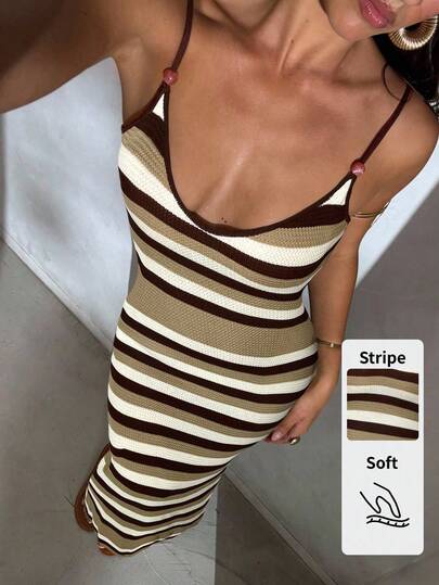 Aloruh Women's Spring/Summer New Knitted Dress, Crochet Dress With Criss-Cross Halter Neck And Open Back, Striped Bohemian Maxi Dress, Vacation Dress, Elegant Dress For Women Summer Outfits Summer Outfits For Women Summer Clothes Summer Holiday Outfits Women's Dress Dresses For Women Long Dress Elegant Dresses For Women