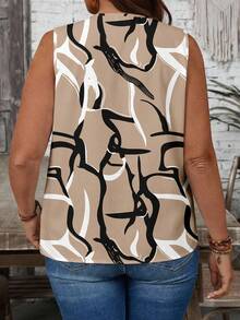 EMERY ROSE Elegant Abstract Line Print Khaki V-Neck Sleeveless Shirt, Plus Size, Suitable For Summer - Multicolor - View 8