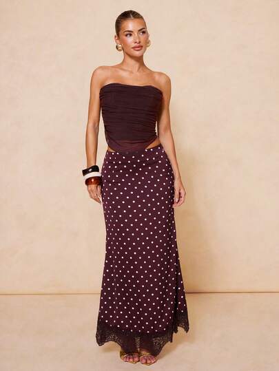 Lumalex Women's Solid Color Brown Polka Dot Print Contrast Lace Elegant Fashionable Skirt Polka Dot Casual Versatile Date & Outing A-Line Skirt Summer Outfits Summer Clothes Summer Outfits For Women Summer Holiday Outfits Vacation Vacation Outfits Women Holiday Outfits For Women Summer Holiday Outfits Vacation Vacation Outfits For Women Summer Vacation Outfits Beach Vacation Outfits For Women Brown Polka Dot Satin Midi Skirt With Lace  A Sexy Yet Sophisticated Workwear Look. Valentine's Day Valentine Outfits For Women Valentine