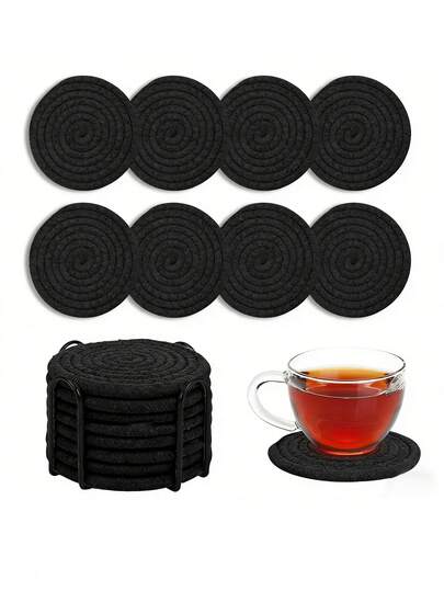 8pcs Pack Coasters With Holder, Minimalist Table Woven Coasters, Kitchen Table Heat-Resistant Coasters And Thick Insulation Pads For Kitchen Decor,Assorted Coaster Set For Home Decor, Living Room Decor, Kitchen Decor Tabletop Protection Suitable For Kinds Of Cups, Christmas For Holiday Gift Giving