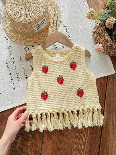 SHEIN LMoss Kids Ärmlös stickad linne för ung flicka, enfärgad jordgubbsgrafik, lämplig för semester, utflykt, fest och andra tillfällen