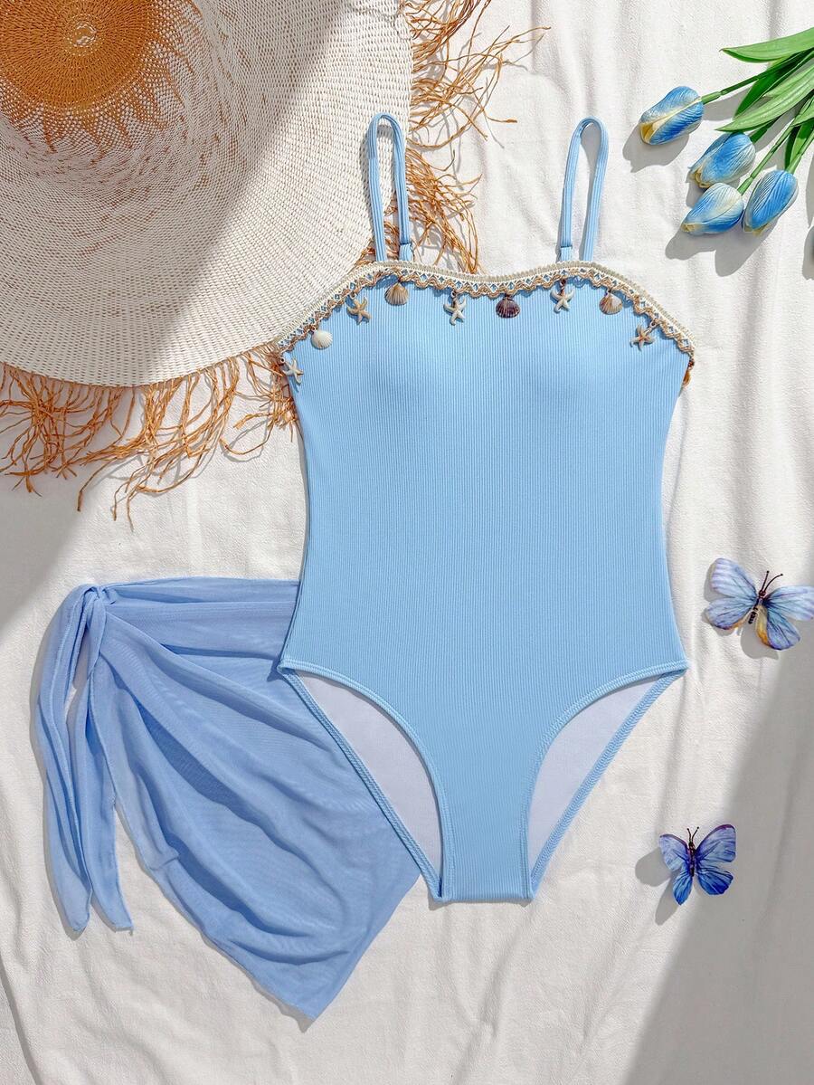 SHEIN Tween Girl 1-Piece Swimsuit,Cute Ocean Style Light Blue Ribbed Bathing Suit With Shell Charm,2-Piece Set With Mesh Skirt For Summer Holiday & Beach - Baby Blue - View 1