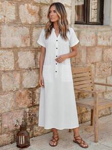 Faunlyn Women's Solid Color V-Neck Short Sleeve Casual Pocket Midi Dress - White - View 6