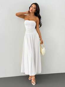 SHEIN PETITE 女士纯色褶皱抹胸连衣裙 - 白色 - 查看 3