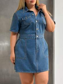 Plus Front Button Casual Denim Dress - Medium Wash - View 5