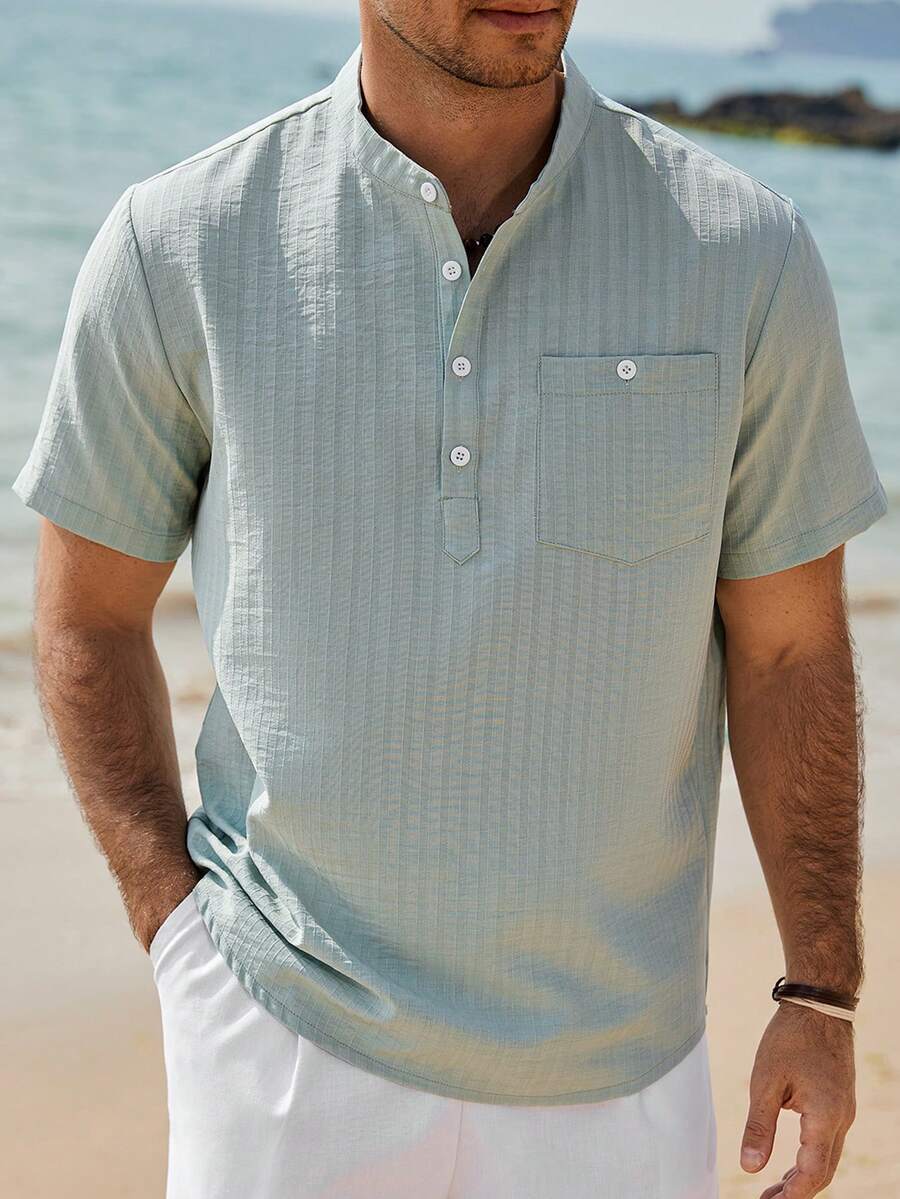 VENTUSAIL 男士纯色休闲短袖衬衫，夏季度假 - 綠色 - 查看 1