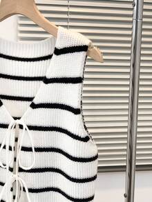 INAWLY Women's Striped Tie Front Casual Pullover Knit Top, Versatile For Daily Wear - White - View 4