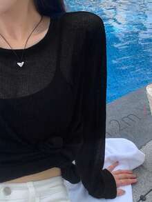 DAZY Women's Casual Solid Color Long Sleeve T-Shirt Summer - Black - View 1