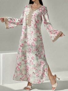 Al Najma 女士花卉印花钩编拼接长袖连衣裙，优雅端庄的A字型卡夫坦长袍，适合晚宴/婚礼宾客/周年纪念/日常穿着 - 薄荷綠 - 查看 6