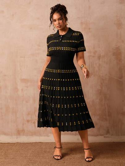 Veslaya 2026春夏大码女装音乐节、复活节、生日派对、毕业典礼、学院风、学生装、日常休闲、百搭基础款、度假、邮轮旅行、海滩、日光浴、爆款、街头风、婚礼宾客波西米亚风、通勤、早午餐、机场、派对、假日郊游、优雅晚宴、舞会、休闲、高档夜店聚会黑色撞色针织Polo领A字毛衣连衣裙