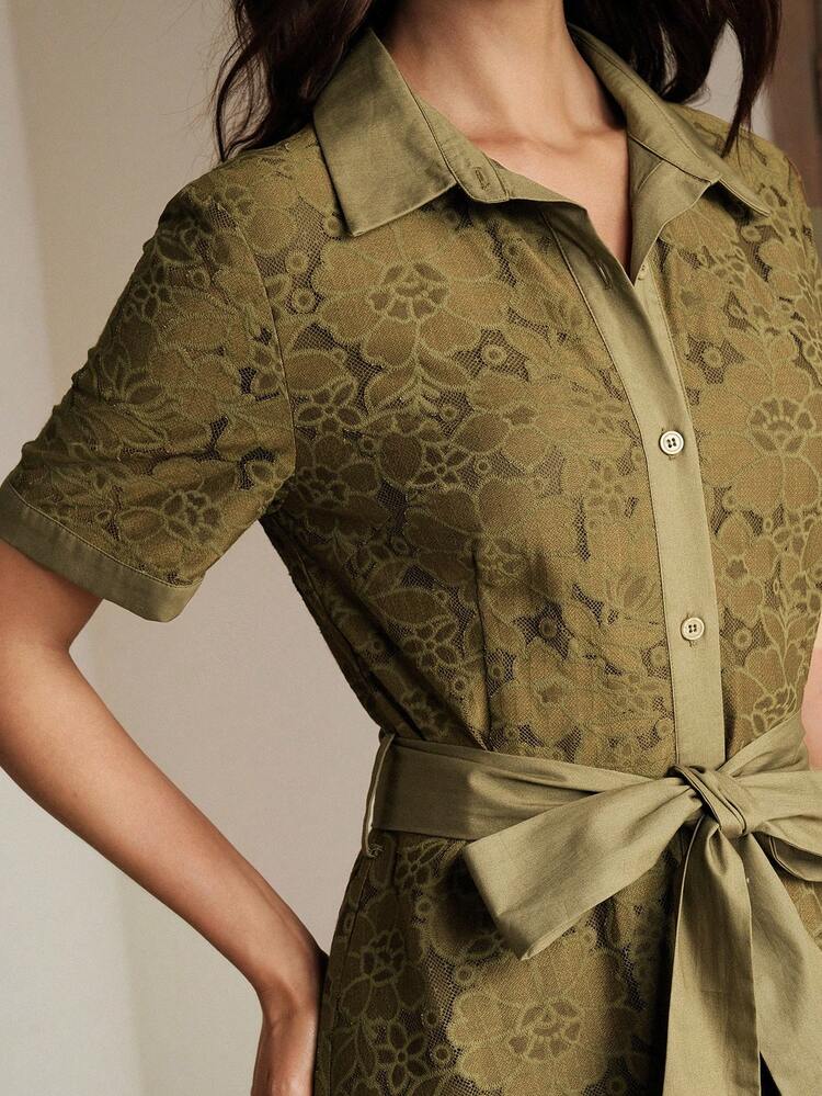 Women's Long Sleeve Shirt Dress, Lace Fabric, Elegant Casual Workwear