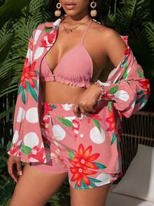 Lunelith SHEIN Lunessa Conjunto de 3 piezas de camisa con estampado floral, shorts y top halter para vacaciones - Multicolor - Ver 3