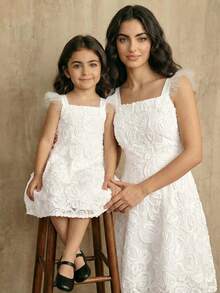 SHEIN Young Girl Floral Decor Mesh Patchwork Fashionable Elegant Party & Daily Wear Dress - White - View 1
