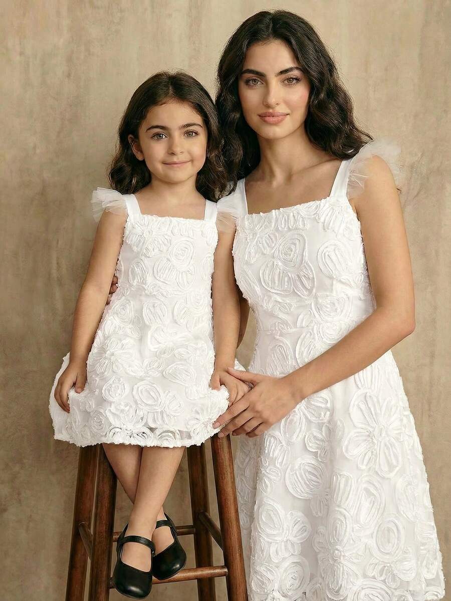 SHEIN Young Girl Floral Decor Mesh Patchwork Fashionable Elegant Party & Daily Wear Dress - White - View 1