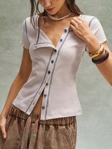 Bohemela Casual Solid Color Knit Fitted Short Sleeve T-Shirt For Women,Summer Top - Apricot - View 4