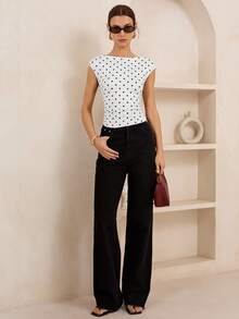 Lymera 春夏新款女装时尚休闲百搭白色底黑色波点印花柔软舒适高弹腰褶皱修身T恤 - 彩色 - 查看 5