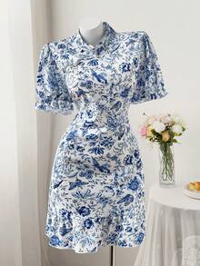 Flirla Damen Große Größen Urlaubsstil blaues Blume Muster Cheongsam Kleid - Verschiedenfarbig - Übersicht 3