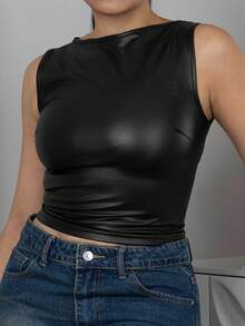 Melissa Matos 女士夏季纯色 PU 皮革褶皱修身背心 - 黑色 - 查看 5