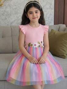 SHEIN Pink Summer Fairy Birthday Holiday Young Girl Knit Round Neck Gradient Mesh Casual Dress,Easter Rainbow Kids 3D Floral Embroidered Tutu Party Dresses - Pink - View 4