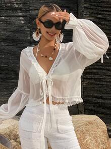 DAZY Áo tắm nữ cổ chữ V tay dài, chất liệu ren xuyên thấu, phối ren, buộc dây phía trước, thích hợp mặc ngoài biển. - trắng - Xem 5