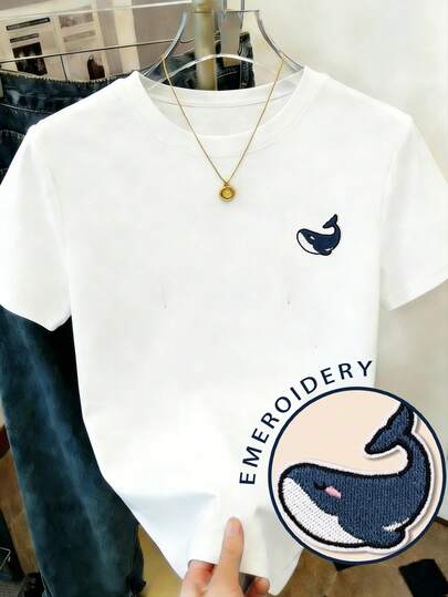 Resyla 女士休闲鲸鱼刺绣图案圆领短袖T恤，春夏款