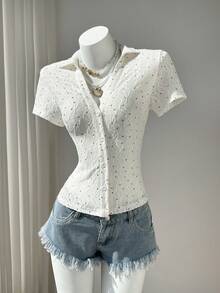 Women's Casual Commuter Shirt, Waist Cinched, Textured Knit Fabric, Polka Dot Wide Leg Jeans Eyelet Blouse Button Up Blouse Eyelet Top Button Up Top - Apricot - View 6