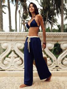 Swim Chiccia 女士夏季沙滩撞色系带宽松直筒阔腿休闲度假优雅罩衫裤套装 - 藏蓝色 - 查看 6