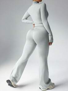 SHEIN Rhythm Era 女式加大码休闲拉链夹克（带拇指孔）和高腰喇叭裤两件套 - 灰色 - 查看 2
