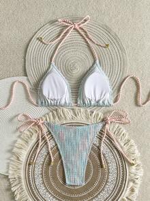 Swim Mod 女士两件套夏季沙滩装，纹理针织面料，绳编吊带上衣和侧系带长裤，泳装比基尼套装 - 彩色 - 查看 2
