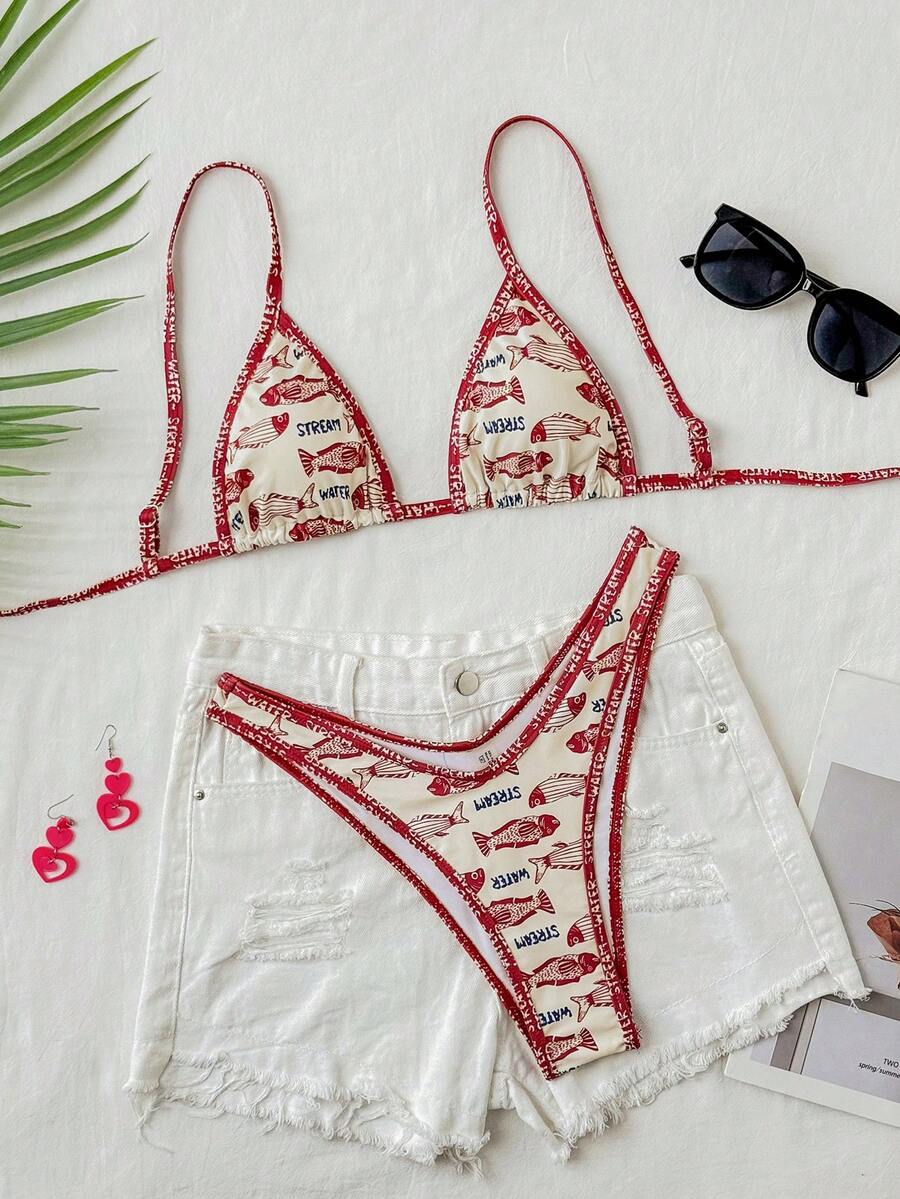 Travachic Women's Summer Beach Letter & Fish Print Sexy Bikini Swimsuit Set - Multicolor - View 1