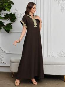 Al Najma Embroidered Collar Floral Raglan Sleeve Mandarin Collar Elegant Arabic Dress - Coffee Brown - View 3